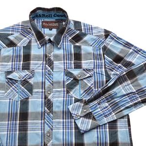 Rock & Roll‎ Cowboy Mens XL Blue Plaid Long Sleeve Snap Western Shirt